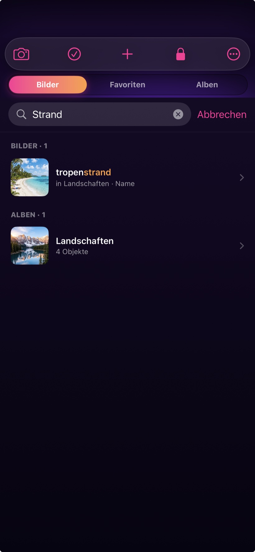 Suche nach Motiv „Strand“ – erkannt auf dem Gerät